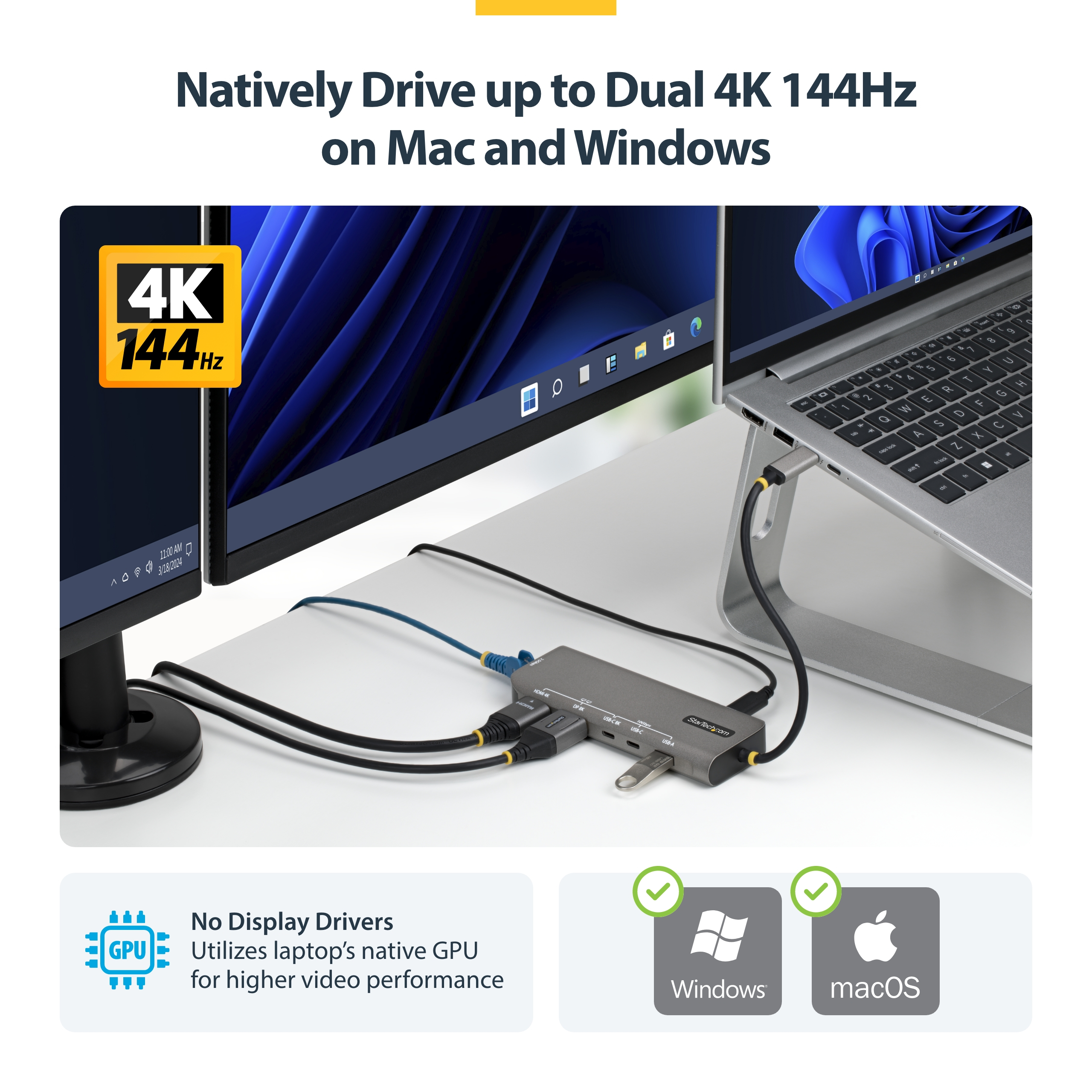 STARTECH.COM USB4 DUAL-DISPLAY MULTIPORT ADAPTER, 140W PD, 2.5GBE, 3 YR thumbnail 3