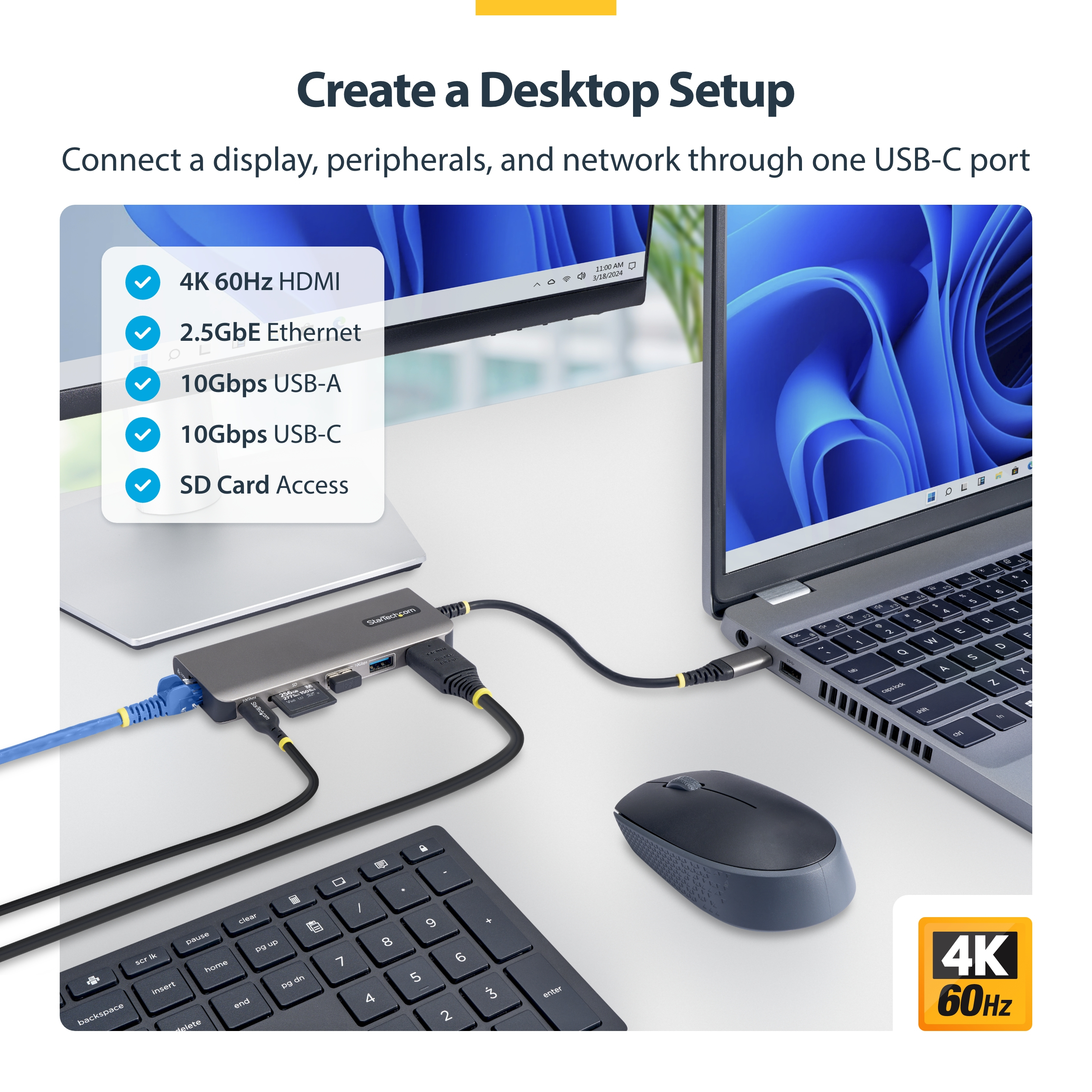 STARTECH.COM USB-C TO HDMI MULTIPORT HUB, 140W, 4K 60HZ, 10GBPS, SD SLOT, 3 YR thumbnail 2